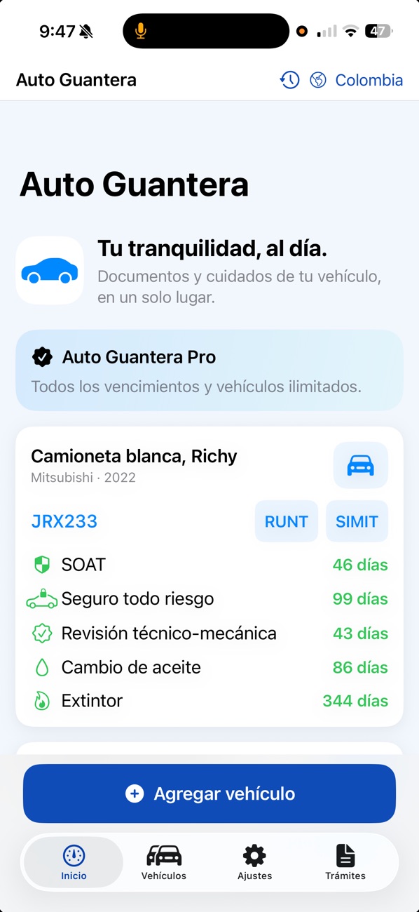 Pantalla de inicio de Auto Guantera con los vencimientos de un vehículo